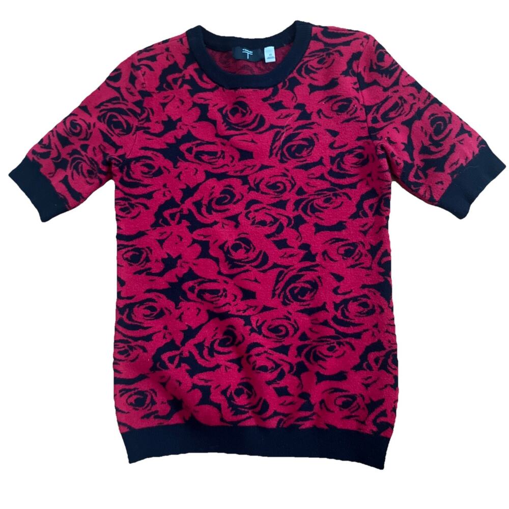 Tahari Red & Black Floral Crew Neck Short Sleeve Sweater SZ XS